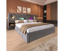 Slaapkamer Bedset 160x200 cm - Grijs Fluweel Tweepersoonsbed - Leeslamp, USB Oplaad + 2 Nachkastjes 4 Laden (Zonder Matras)