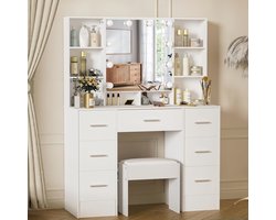 Slaapkamer Make-uptafel met Ledverlichting en Spiegel, Instelbare Helderheid, Witte Ijdelheid Tafel met 6 Planken en 7 Laden, Makeup Tafel met Zilveren Handgreep