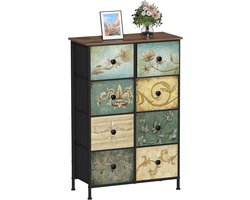 Slaapkamercommode met 8 schuifladen, Boheemse kaptafel met houten plaat, stoffen laden, metalen frame, stoffen commode, toren, organizer voor woonkamer, hal