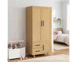 Slaapkamerkast, Eiken Rotan Kleur, 3 Deuren, 2 Lades, Ideaal voor het Opbergen van Kleding die vaak Nodig , maar wel Goede Ventilatie Vereist (Eikenkleur)