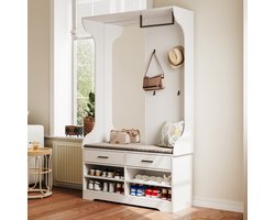 Slaapkamerkast met spiegel, 1 kledingroede, gangkast met 2 lades en 4 open schoenenvakken, garderobekast voor hal en entree, 100x35x180cm, wit(Opgesplitst in 2 pakketten voor bezorging)