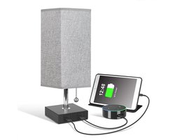 Slaapkamerlamp - Nachtlampje - Leeslamp - Vierkante grijze stoffen nachtlamp - Met twee USB-oplaadpoorten - Geschikt voor slaapkamers, kantoren, logeerkamers en kinderkamers - Grijs