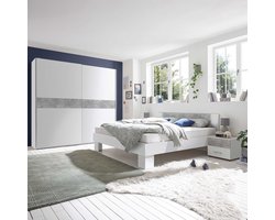 Slaapkamerset Lola met bed 160x200, 2 nachtkastjes en kleerkast - wit/beton - Bega Polpower - Tweepersoons bedkader - Wit; Grijs; Betonlook - Spaanplaat Tweepersoons Normaal bed