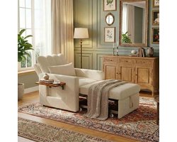 Slaapstoel Beige Chenille - ADFBL - 1-Persoons Slaapbank met Tafeltje & Zijvak - Verstelbare Logeerbed Stoel (5 Standen) - Zachte Uitklapbare Fauteuil - Ruimtebesparend