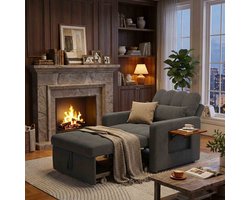 Slaapstoel Grijs Chenille - ADFBL - 1-Persoons Slaapbank met Tafeltje & Zijvak - Verstelbare Logeerbed Stoel (5 Standen) - Zachte Uitklapbare Fauteuil - Ruimtebesparend