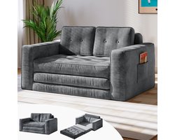Slaapstoel - Slaapbank - 2-in-1 Uitklapbare Logeerbed - Zetelbed - Slaapfauteuil - Vouwbed - 2 persoons - Zeer comfortabel - 143x227x62 cm - Tot 150 kg Draagvermogen - Grijs