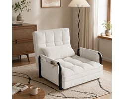 Slaapstoel - Vijf verstelbare posities - Eenpersoons slaapbank Met armleuningen en rugsteun - Logeerstoel Met zijzakken - Slaapfauteuil - Logeerbed - Metalen poten - Teddy - Beige