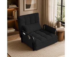 Slaapstoel - Vijf verstelbare posities - Slaapfauteuil Met armleuningen en rugsteun - Eenpersoons slaapbank Met zijzakken - Logeerstoel - Logeerbed - Metalen poten - Teddy - Zwart
