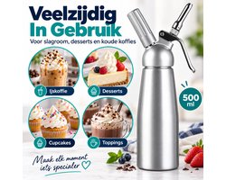 Slagroomspuit 500ml RVS - Roomspuit met 3 Roestvrijstalen Spuitmonden - Whipped Cream Dispenser voor Koffie, Desserts en Bakken - Herbruikbare Crèmespuit met Aluminium Deksel