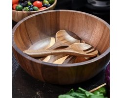 slakom van hout, 30 cm, slakomset van acaciahout, grote slamengkom met servers, 3-delige grote slakom-set