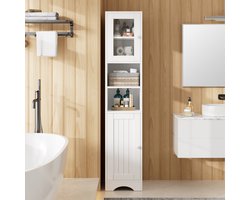 Slanke Hoge Opbergkast 160 cm - Glazen Deur - 3-Zones Ontwerp - Verstelbare Legplanken - Open Legplanken - Gesloten Opbergruimte - Wit