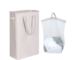 Slanke wasmand - 50 liter - afneembare en wasbare binnenzak - handgrepen - opbergmanden voor kleding speelgoed handdoeken - zilvergrijs