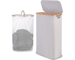 Slanke Wasmand 60 liter - Afneembare Binnenzak - Opvouwbare Wasbak Organizer - Bamboe Handvat - Lichtgrijs