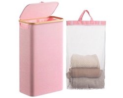 Slanke Wasmand met Deksel - 60L - Bamboe Handgrepen - Opvouwbare Vuile Wasmand voor Badkamer en Slaapkamer