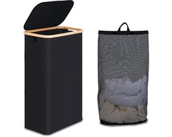Slanke wasmand met deksel – Opvouwbare hoge smalle wasmand voor vuile kleding – 75L stoffen opbergmand, zwart
