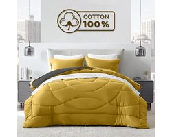Sleep Comfy Cottiva Series - All Year Dekbed zonder overtrek - Geel & Antraciet | 140x200 cm - Wasbaar hoesloos dekbed - Binnen & Buiten - 100% Katoen - Met Kussenslopen| Dekbed in Kleur - OEKO Green - Droogt Snel