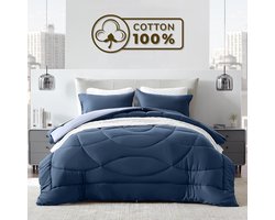 Sleep Comfy Cottiva Series - All Year Dekbed zonder overtrek - Middernacht & Ijsblauw | 140x200 cm - Wasbaar hoesloos dekbed - Binnen & Buiten - 100% Katoen - Met Kussenslopen| Dekbed in Kleur - OEKO Green - Droogt Snel