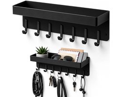 Sleutel houder met Plank - 6 haken - Sleutel - Kapstok - Bakje - Rekje - Organizer - Kastje - Hangend - Kapstokken - Kleer - Kleding - Hangers - Vintage - Muur - Industrieel - Hout - Garde robe - Zwart - Luft