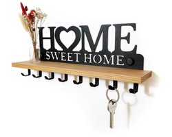 Sleutelbord met Plank - Sleutelhouder Sleutelhaak Sleutelrek Massief Eikenhout - Wandorganizer Hal Meubel voor de Muur - 8 Haken Home Sweet Home - Eiken