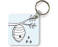 Sleutelhanger - Cartoonachtige illustratie van bijen en een bijenkorf - Plastic - Rond - Uitdeelcadeautjes