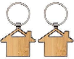 Sleutelhanger met huisje - 2x - bamboe/metaal - 5 x 4 cm - eigen huis/nieuw huis - cadeau housewarming