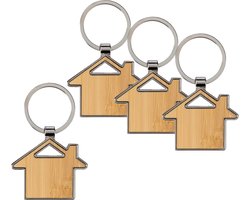 Sleutelhanger met huisje - 4x - bamboe/metaal - 5 x 4 cm - eigen huis/nieuw huis - cadeau housewarming