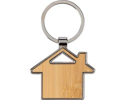 Sleutelhanger met huisje - bamboe/metaal - 5 x 4 cm - eigen huis/nieuw huis - cadeau housewarming