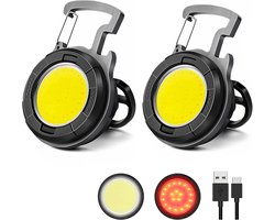 Sleutelhanger Zaklamp - 1000 Lumen EDC COB Werklicht, Met Flesopener & Magnetische Ophanging, Vouwbaar voor Fietsen, Vissen & Lopen - 2 Stuks