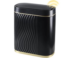 Slimme prullenbak met bewegingssensor – 8 liter automatische afvalbak met deksel – ultra dun ontwerp, waterdicht IPX5, ABS kunststof – ideaal voor badkamer, slaapkamer, kantoor en keuken – Zwart met gouden lijnen