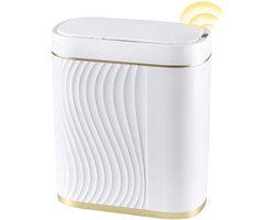 Slimme prullenbak met bewegingssensor – 8 liter automatische afvalbak met deksel – ultra dun ontwerp, waterdicht IPX5, ABS kunststof – ideaal voor badkamer, slaapkamer, kantoor en keuken – Wit met gouden lijnen