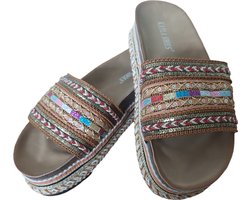 Slippers - Dames - Espadrilles - Ibiza Style - Kleur Camel - Met Glitter - Voetbed - Merk Kayla - Maat 38