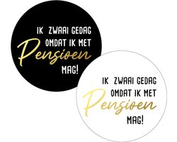 Sluitsticker - Stickers - Sluitzegel - Ik zwaai gedag omdat ik met pensioen mag! Wit - Zwart - Goudfolie - 2 assorti - Chique inpakken - Traktatie - Afscheid - Vut - Feest - DH collection