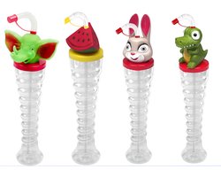 Slush puppy drinkfles kinderen voor kinderfeesten met 3D motieven - 4stuks inclusief rietje en deksel - Drinkfles 350 ml - voor feestelijke uitdeelcadeautjes en/of kinderfeestjes.