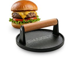Smakely® Hamburgerpers XL - Gietijzer - Smash burger press - Met houten handvat - BBQ accessoires - Burger pers - Smashburger tool - Grill pers - Hamburger maker - Voor BBQ en pan - Keukengerei