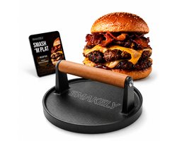 Smakely® Hamburgerpers XL - Inclusief gratis e-book - Gietijzer - Smash burger press - Met houten handvat - bbq accesoires - Burger pers - Smashburger tool - Grill pers - Hamburger maker - Voor BBQ en pan - Keukengerei