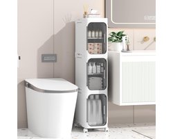 Smal Badkamerkastje met 4 Lades – Vrijstaande Opbergkast – Waterbestendig – Ruimtebesparende Badkamerkast – Voor Badkamer, Wasruimte en Toilet – Wit