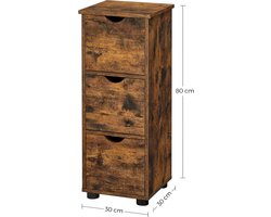 Smal badkamermeubel, badkamermeubel met 3 laden, ladekast, opbergkast, bijzetkast, 30 x 30 x 80 cm, badkamer, woonkamer, slaapkamer, keuken, vintage bruin BBK150X01