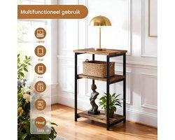 Smal Bijzettafeltje 3-Laags - Voor Slaapkamer & Woonkamer - Houten Nachtkastje met Opbergplank en Metalen Frame - Grijs