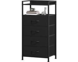 Smal Ladekast / Sidetable met 4 Lades & Open Opbergruimte - Bijzettafel met Stalen Frame & Houtlook Blad - 41 x 29 x 83,5 cm - Zwart - Voor Woonkamer, Slaapkamer & Hal