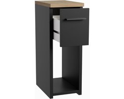 smal nachtkastje, zwart/eiken. Afmetingen: B20 x H55 x D30,5 cm