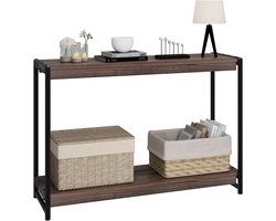 Smal Sidetable - Consoletafel met 2 Niveaus - Industrieel & Landelijk Design - Haltafel - 100 x 35 x 65 cm - Donker Walnoot & Zwart Metaal