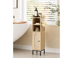 Smal, vrijstaande badkamerkast, hoge badkamerkasten met deur, smalle kast voor badkamer, keuken, woonkamer, slaapkamer, balkon of kantoor, zwart rotan