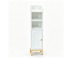 Smalle Badkamer Kast Wit – Hoge Kast met Open Planken, 1 Deur en Metalen Poten, Opbergkast voor Badkamer