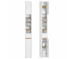 Smalle Badkamerkast 20x20x180 cm – Hoge Kolomkast met Lade en Deuren – Ruimtebesparende Opbergkast voor Badkamer, Toilet en Hal – Wit