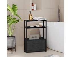 Smalle bijzettafel - Eindtafel Skinny Tafel - Ruimte Besparen - Met Stoffen Mand - 18x40x65 cm - Ebenhout Zwart Grijs