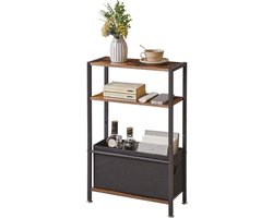 Smalle Bijzettafel Met 3 Niveaus - Kleine Eindtafel Met Opbergplank En Stoffen Mand - Slanke Nachtkast Voor Woonkamer En Slaapkamer - Rustiek Bruin