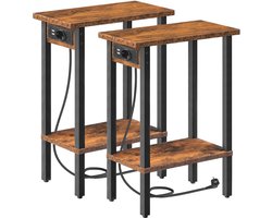 Smalle bijzettafels 2 niveaus, set van 2, banktafels met laadstation, nachtkastjes met plank, kleine ruimtes, woonkamer, slaapkamer, werkkamer, vintage bruin en zwart