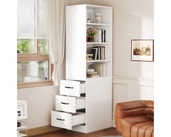 Smalle Boekenkast 180 cm Hoog – Open Boekenkast met 3 Zijdelingse Lades, Verstelbare Planken, Wit, Ruimtebesparend Design