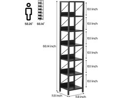 Smalle boekenplank met 6 planken–Rustieke hoekplank met metalen frame–Kleine vrijstaande boekenplank-Industriële displaystandaard voor slaapkamer- woonkamer- thuiskantoor- zwart