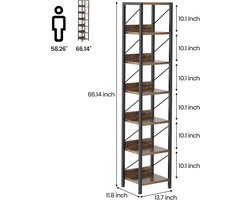 Smalle boekenplank -vintage hoekplank met 6 planken- slanke industriële opbergplank van hout en metaal met anti-kantelmechanisme voor woonkamer- kantoor--30x30x168 cm